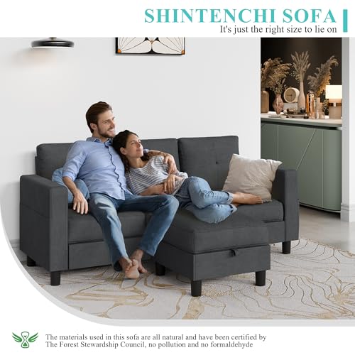 Shintenchi Upholstered Convertible Sectional Sofa for Living Room, 3 Seat L Shaped Couches with Storage Function Ottoman, Modern Linen Convertible Sofas with Reversible Chaise Shintenchi
