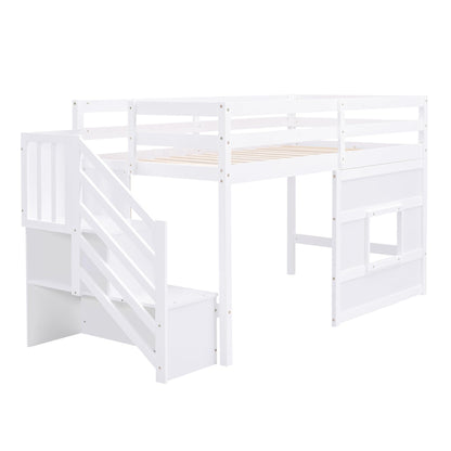 SOFTSEA Twin Low Loft Bed with Storage Stairs – Durable Wood Frame for Kids & Teens, White