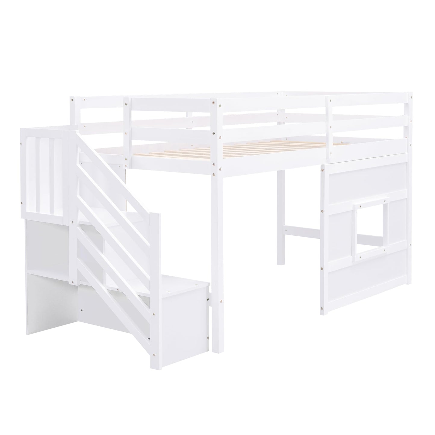 Twin Size Low Loft Bed with Stairs, Kids Loft Bed with Storage,Solid Wood Twin Loft Bed Frame for Kids, Space Saving Low Loft Bed for Boys, Girls, White