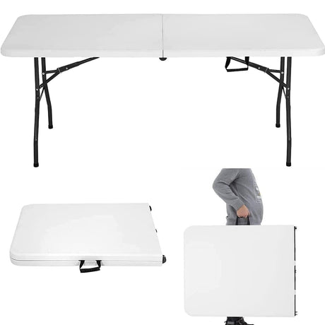HKLGorg 6 Ft Heavy Duty Working Indoor Outdoor Plastic Folding Utility Party Dining Table Easy to Assemble with Lock Function White, 70.9 x 29.1 x 29.1 inches HKLGorg