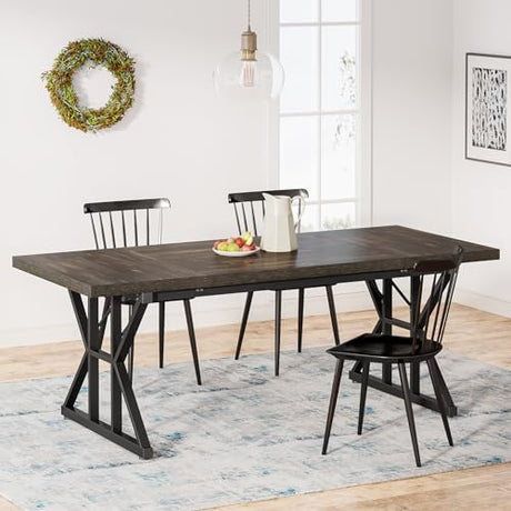 Tribesigns Farmhouse Dining Table for 6 People, 70.8-Inch Rectangular Wood Dining Table, Rustic Kitchen Table with Heavy Duty Metal Legs for Dining Room (Black, 70.8 Inch) Tribesigns