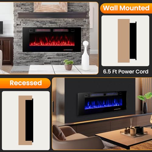 ORALNER 42” Smart WiFi App Controlled Electric Fireplace, Ultra Thin Linear Recessed & Wall Mounted Fireplace Heater with Adjustable Flame Color & Speed, Remote, 12 H Timer (42 INCHES) ORALNER