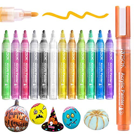 Paint Pens Acrylic Markers, ZSCM 12 Colors Paint Markers for Halloween Pumpkin Painting, Metallic Art Marker, for Adults Card Making, Rocks Painting, Wood Slices, School Supplies ZSCM QUALITY DECIDES THE FUTURE