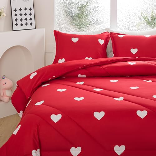 Caressma Love Comforter Set Twin Size - Cute White Heart Print Red Bedding Comforter with Matching Pillowshams Caressma
