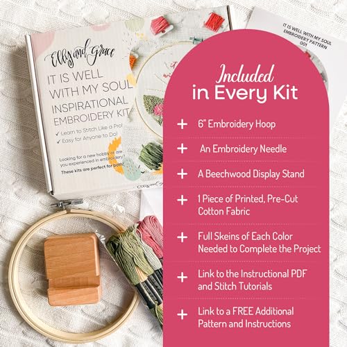 Elly & Grace Christian Embroidery Kit with Embroidery Hoop, Easy Embroidery Kit for Beginners and Adults, Full Embroidery Hoop Kit with Needles and Thread Included (It is Well)