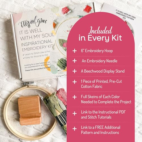 Elly & Grace Christian Embroidery Kit with Embroidery Hoop, Easy Embroidery Kit for Beginners and Adults, Full Embroidery Hoop Kit with Needles and Thread Included (It is Well) Elly and Grace