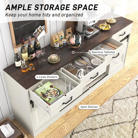 chartustriable 70” Large Long Buffet Sideboard Cabinet w/4 Drawer,Farmhouse Buffet Storage Cabinet,Sliding Door,Buffet, Credenza for Living Room,White chartustriable