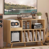 LELELINKY Natural Wood 48''Record Player Stand with Storage and Display Area, Turntable Stand Vinyl Record Holder Player Table Holds Up to 450 Albums, Record Stand for Music Room Living Room LELELINKY