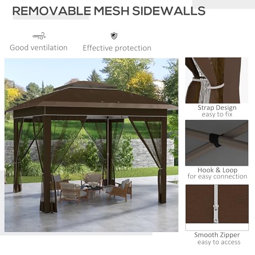 Outsunny 12' x 12' Pop Up Canopy Tent with Netting and Carry Bag, Instant Sun Shelter with 137 sq.ft Shade, Tents for Parties, Height Adjustable, for Outdoor, Garden, Patio, Dark Brown Outsunny