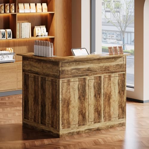 Tribesigns Reception Desk with Storage Shelves, L-Shaped Modern Front Desk, Reception Counter Table for Small Office, Salon, Checkout Office (Brown) Tribesigns
