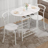 VECELO 3-Piece Dining Table Set for Kitchen Breakfast Nook, Faux Marbled Oval Tabletop and Metal Frame with Built-in Wine Rack, for Small Spaces, White VECELO
