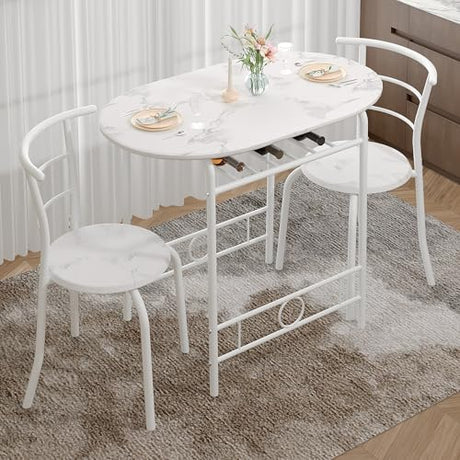 VECELO 3-Piece Dining Table Set for Kitchen Breakfast Nook, Faux Marbled Oval Tabletop and Metal Frame with Built-in Wine Rack, for Small Spaces, White VECELO