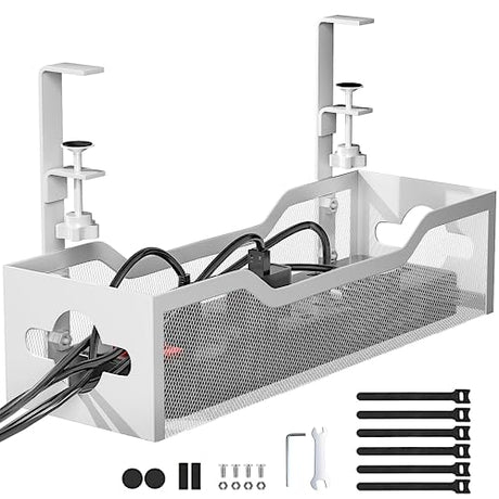 Under Desk Cable Management Tray No Drill, 13.38'' Metal Tray with Clamp for Wire Management, Litwaro Cord Organizer Home Office Damage to Standing Desk, White Litwaro