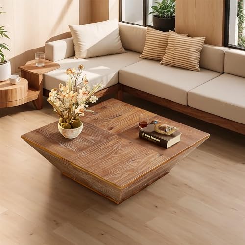 DS-HOMEPORT Square Wood Coffee Table for Living Room - Lift Top Farmhouse Coffee Table with Storage - Mid Century Rustic Wooden Coffee Table Vintage Coffee Table, 35.43"D X 35.43"W X 13.78"H  - WoodArtSupply