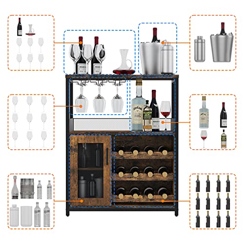 IDEALHOUSE Wine Bar Rack Cabinet with Light, Adjustable Shelves Coffee Bar Cabinet with Mesh Door and Baffle Design, 36 in Tall Small Liquor Bar Cabinet for Home, Kitchen, Dinning Room, Rustic Brown IDEALHOUSE