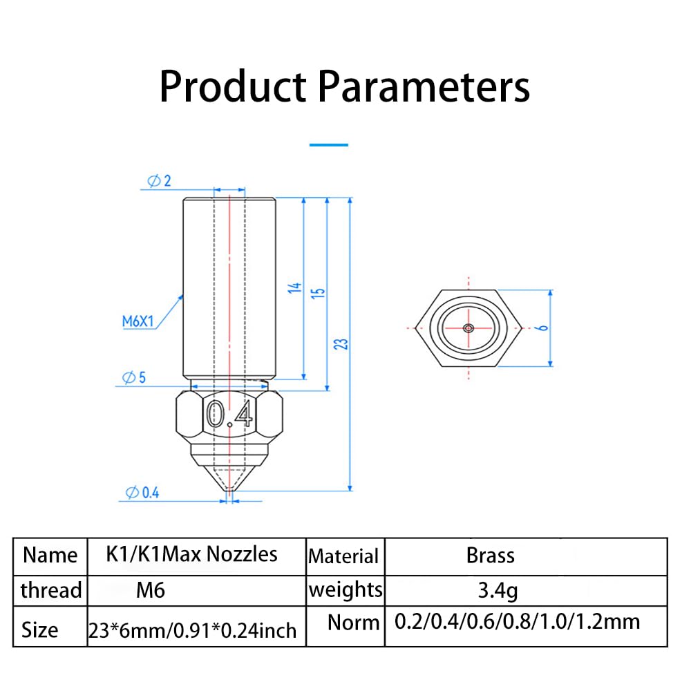 10PCS 3D Printer Extruder Nozzles Kit for K1/K1 Max/Ender 3 V3 KE, Packed High Temperature and Wear Resistance 5PCS 0.4mm, 1PC 0.2mm, 1PC 0.6mm, 1PC 0.8mm, 1PC 1.0mm and 1PC 1.2mm Brass Nozzl - WoodArtSupply