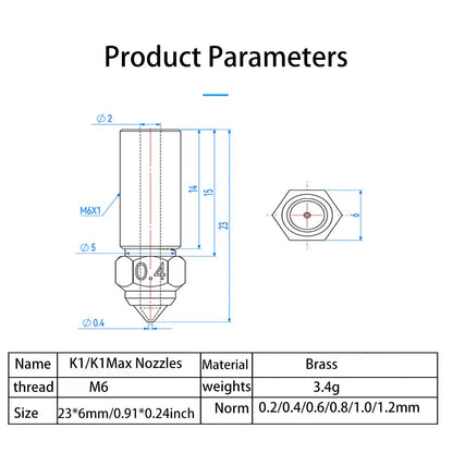 10PCS 3D Printer Extruder Nozzles Kit for K1/K1 Max/Ender 3 V3 KE, Packed High Temperature and Wear Resistance 5PCS 0.4mm, 1PC 0.2mm, 1PC 0.6mm, 1PC 0.8mm, 1PC 1.0mm and 1PC 1.2mm Brass Nozzl - WoodArtSupply