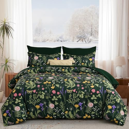 Yiran Queen Comforter Set 7 Piece, Dark Green Floral Bedding Set, Bed in a Bag Queen with Botanical Flowers Patterns, Soft Lightweight Complete Comforters with Sheets for All Season Yiran