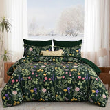 Yiran Queen Comforter Set 7 Piece, Dark Green Floral Bedding Set, Bed in a Bag Queen with Botanical Flowers Patterns, Soft Lightweight Complete Comforters with Sheets for All Season Yiran