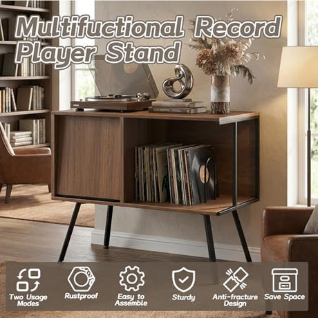 Faesun Flip Top Record Player Stand, Large Turntable Stand Holds up to 150+ Albums, Vintage Mid Century Record Player Table, Stereo Cabinet with Open Storage, for Living Room, Bedroom, Walnut Faesun
