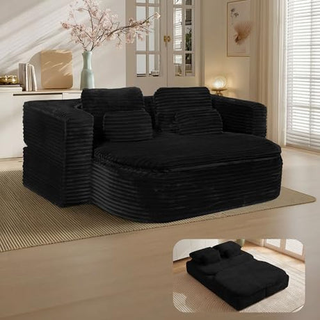 IZLKQC 75'' Folding Sleeper Sofa Bed, Convertible Memory Foam Boneless Couch, Foldable Full Size Guest Bed, Modern 2-in-1 Futon Floor Sleeper Sofa with 4 Pillows and Blanket (Corduroy, Black) IZLKQC