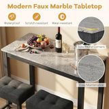 COSTWAY 3-Piece Bar Table Set with Charging Station, Modern Counter Height Breakfast Table w/Faux Marble Top & 2 Padded Stools, Wooden Console Table Set for Living Room, Kitchen, Dining Room (Gray) COSTWAY
