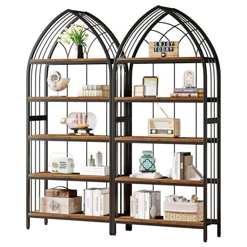 Tribesigns Rustic Brown & Black 74.8-Inch 5-Tier Industrial Curved Bookshelf Set of 2 - WoodArtSupply