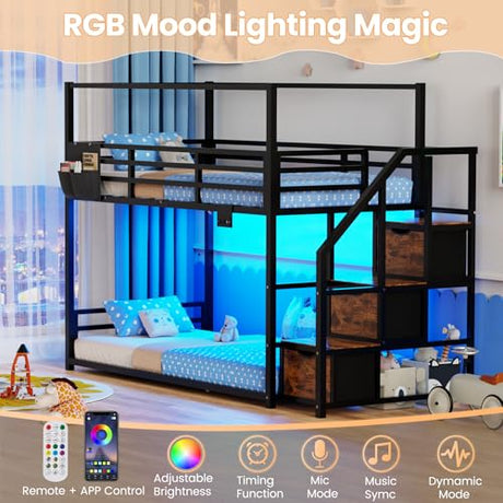 Low Bunk Bed Twin Over Twin with Storage Staircase, RGB LED Lights, Drawers & Shelves, Metal Bunk Beds for Kids with Power Outlet, Double Full-Length Guardrails & Metal Slats for Small Space, Black Zerduos