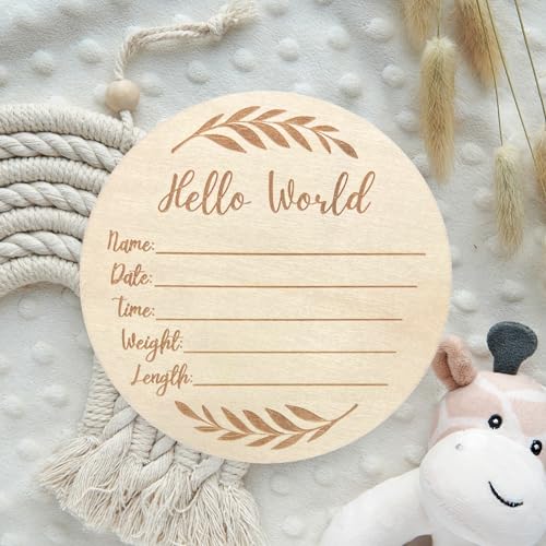 KEMINA BLANKETS Wooden Baby Announcement Sign for Newborn, Large 6 inch Hello World Newborn Name Sign for Hospital Birth Announcement, Newborn - WoodArtSupply