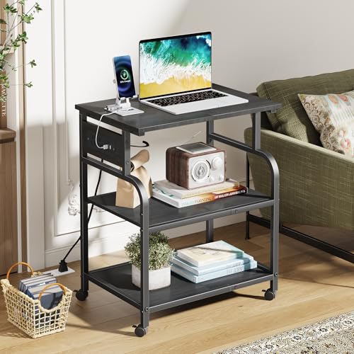 YAOHUOO 3 Tier Large Printer Stand with Power Outlet/Adjustable Storage Shelf, Rolling Cart with Wheels, Printer Table for Home Office 3D Printer/Heat Press/Laster, 22"×15" Black