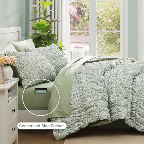 BLOOMHAVEN Full Size Comforter Sets-7 Pieces Puff Sage Green Floral Bedding Set for All Seasons, Shabby Chic Farmhouse Bed in a Bag Full with Floral Comforter, Sheets, Pillowcases & Shams BLOOMHAVEN