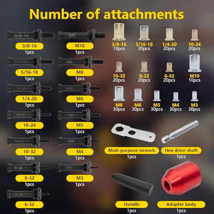 ZOSANY Rivet Nut Tool Adapter for Cordless Drill Electric Rivet Gun Kit with 5 Metric and 13 Mandrels and 290Pcs Assorted Rivet Nuts, Rugged Carrying Case - WoodArtSupply