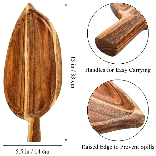 Youeon 2 Pcs Acacia Wood Serving Platters, 13" x 5.5" Leaf Shaped Food Serving Trays for Entertaining, Small Cheese Platter Board for Fruit, Charcuterie, Dessert, Appetizer - WoodArtSupply