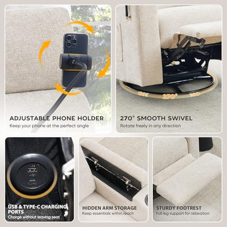 ABCASA Power Recliner Rocking Chair Nursery Glider, Swivel Reclining Nursery Rockers for Baby Room & Living Room, Chenille Chair with Phone Holder, USB/Type-C Ports, Arm Storage, Light Brown ABCASA