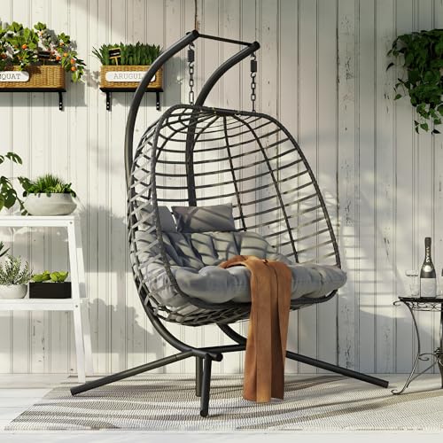 Double Hanging Egg Chair wth Stand, Patio Hammock Swing Chair with Cushion Loveseat for Bedroom, Balcony, Garden, Indoor, Outdoor HWB