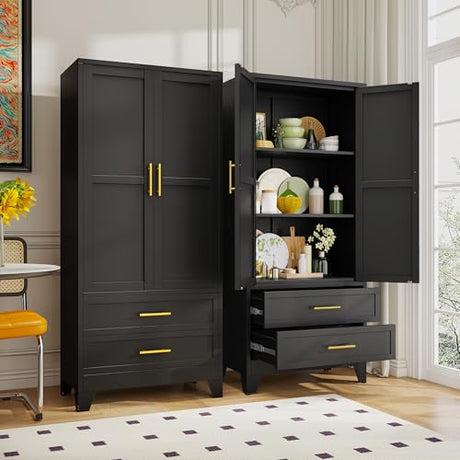 GAIOUS Steel Pantry Cabinet, 71" Metal Storage Cabinets with 2 Doors, 2 Adjustable Shelf and 2 Drawers, Freestanding Storage Cabinet for Bedroom, Kitchen, Home Office (Black) GAIOUS