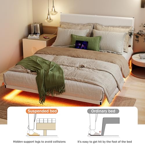 ARFARLY Floating Bed Frame Queen Size with Upholstered Headboard Queen Bed Frame with Charging Station and LED Lights Easy to Assemble White ARFARLY