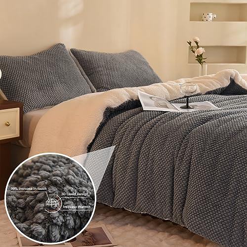 LLanCL 3D Jacquard Design Comforter Set, Ultra-Soft Warm Queen Size Sherpa Fur Plush 3-Pieces Sets Luxury Cozy Bedding with 2 Pillowcases (90"x90", Grey) LLanCL