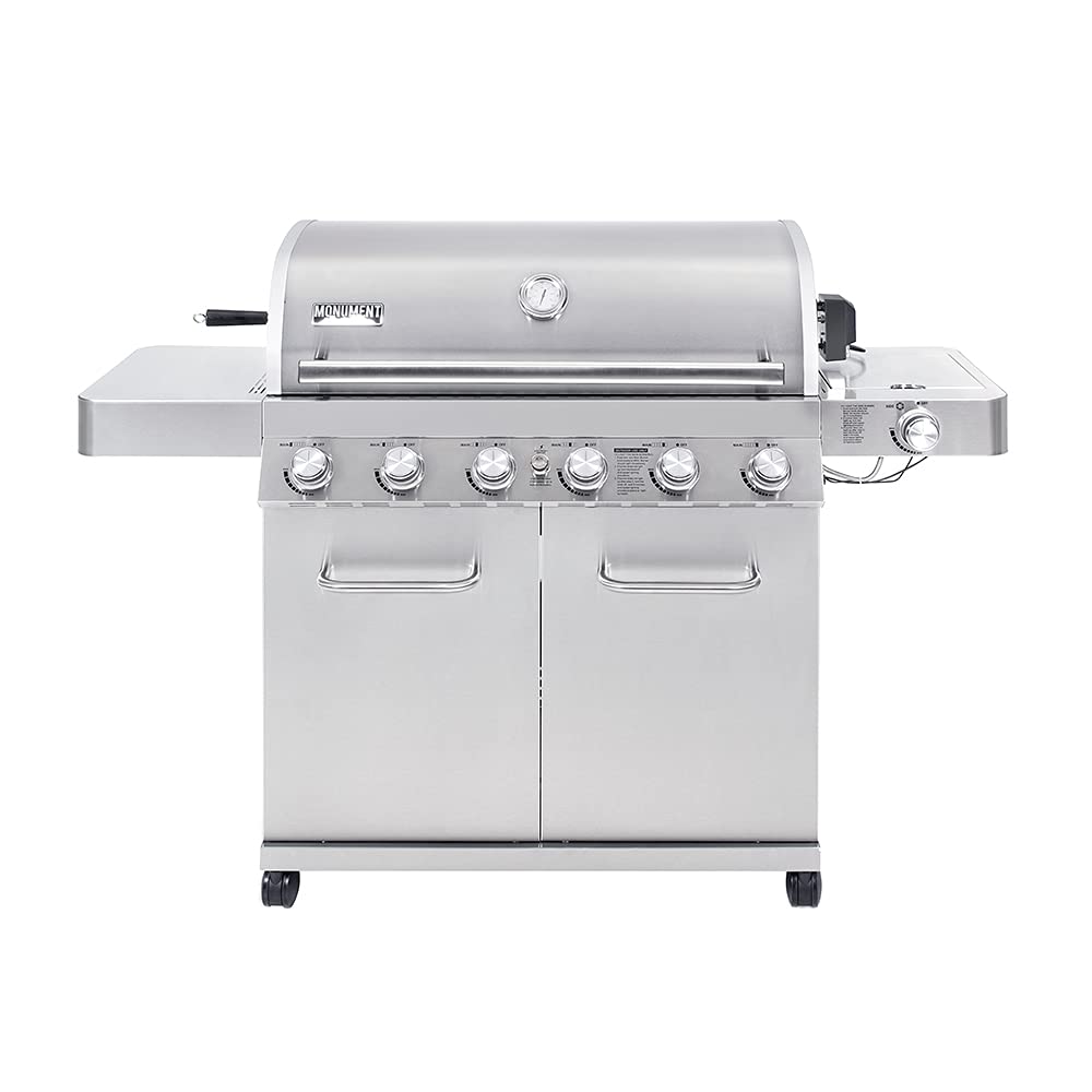 Monument Grills 77352 6-Burner Stainless Steel Cabinet Style Propane Gas Grill with Knob Controls, Side Burner, Built-In Thermometer, and Rotisserie Kit Monument Grills