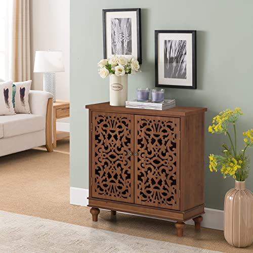 Sophia & William Accent Cabinet with Doors, Distressed Storage Cabinet with Wood Frame and Hollow-Carved Floral Doors for Entryway Living Room, Wood Sophia & William