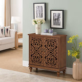 Sophia & William Accent Cabinet with Doors, Distressed Storage Cabinet with Wood Frame and Hollow-Carved Floral Doors for Entryway Living Room, Wood Sophia & William