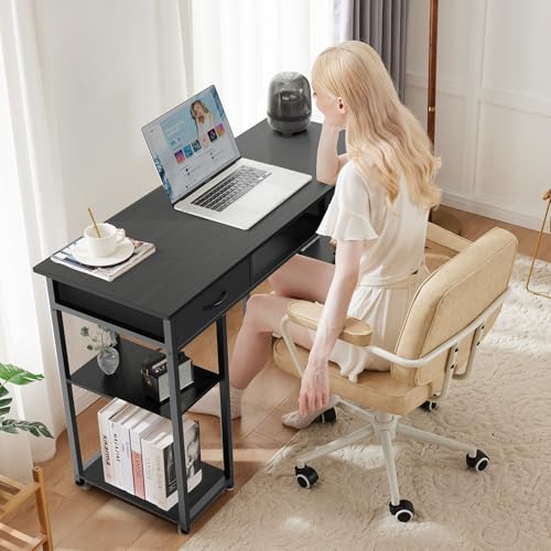 OLIXIS Computer Desk with Drawers Study Writing Table with Storage Bag Headphone Hook Adjustable Feet for Home Office Small Spaces,48IN Black OLIXIS