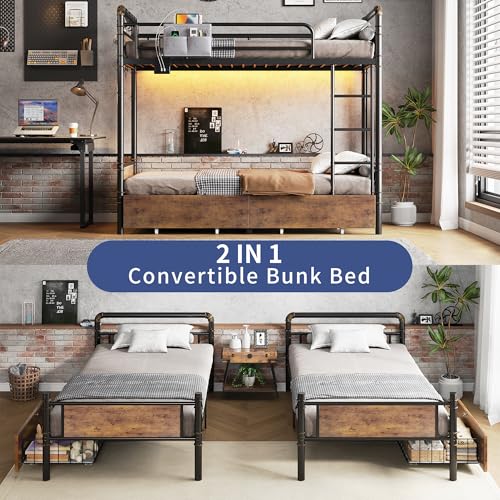 Jocoevol Metal LED Bunk Bed Twin Over Twin with 2 Storage Drawers, USB Charging Station, Industrial Bunkbeds Heavy Duty Bed with Safety Guardrail and Ladder, No Box Spring Needed, Vintage Brown Jocoevol