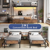Jocoevol Metal LED Bunk Bed Twin Over Twin with 2 Storage Drawers, USB Charging Station, Industrial Bunkbeds Heavy Duty Bed with Safety Guardrail and Ladder, No Box Spring Needed, Vintage Brown Jocoevol