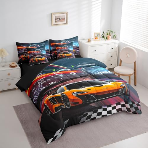 Feelyou Boys Race Car King Size 7 Piece Bedding Set Kids Racing Car Comforter Set with Sheets, Pillowcases & Cushion Cover Feelyou