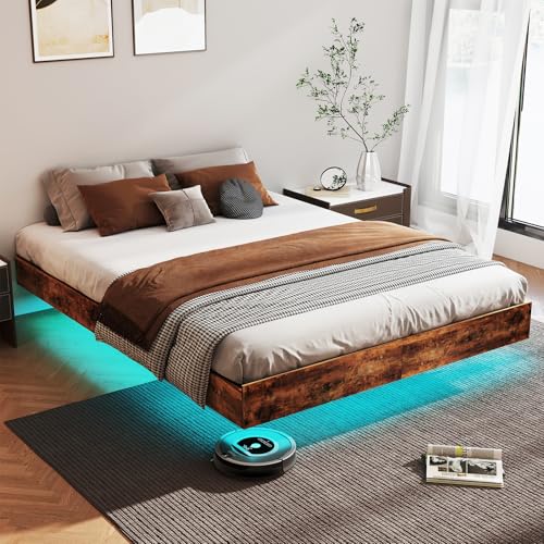 Floating Bed Frame King with LED Lights, Metal Platform King size Floating Bed Frame with Under Bed Storage, Heavy Duty Steel Slats Support, No Box Spring Needed, Noise Free, Easy Assembly, Brown RVONOW