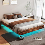 Floating Bed Frame King with LED Lights, Metal Platform King size Floating Bed Frame with Under Bed Storage, Heavy Duty Steel Slats Support, No Box Spring Needed, Noise Free, Easy Assembly, Brown RVONOW