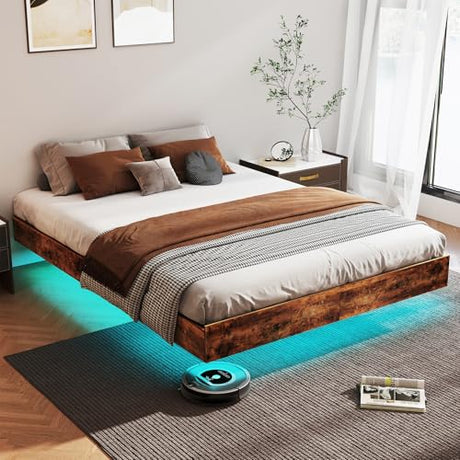 Floating Bed Frame King with LED Lights, Metal Platform King size Floating Bed Frame with Under Bed Storage, Heavy Duty Steel Slats Support, No Box Spring Needed, Noise Free, Easy Assembly, Brown RVONOW