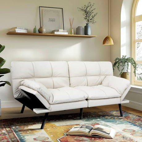 MUUEGM Convertible Memory Foam Sofa Bed with Adjustable Backrest & Armrest, Modern Futon Couch for Living Room, Office, Apartment, Space-Saving Design, Easy Assembly,White MUUEGM