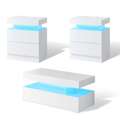 AMERLIFE High Gloss 3 Pieces Living Room Table Set, Modern LED Coffee Table Sets of 3, 2-Tier Center Table with 2 End Side Tables, LED Lights Bedside Table Nightstands with Charging Station, White AMERLIFE